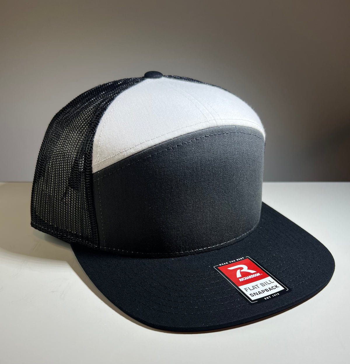 Richardson 168 7 Panel Flat Bill Trucker Hat - Charcoal/White/Black