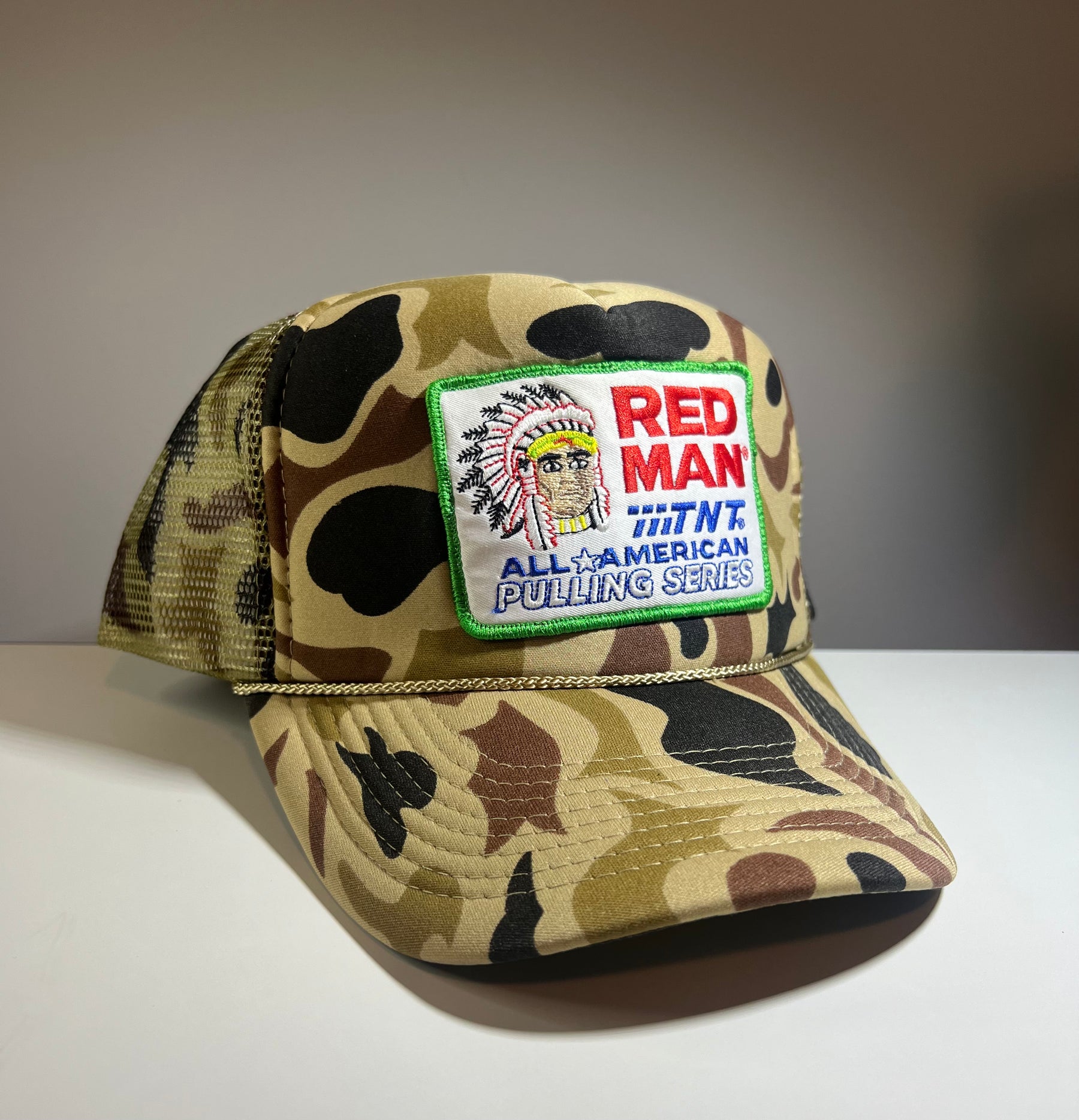 Cobra-5-Panel Camouflage 4" Foam Front Mesh Back Red Man Pulling Series Chewing Tobacco Vintage