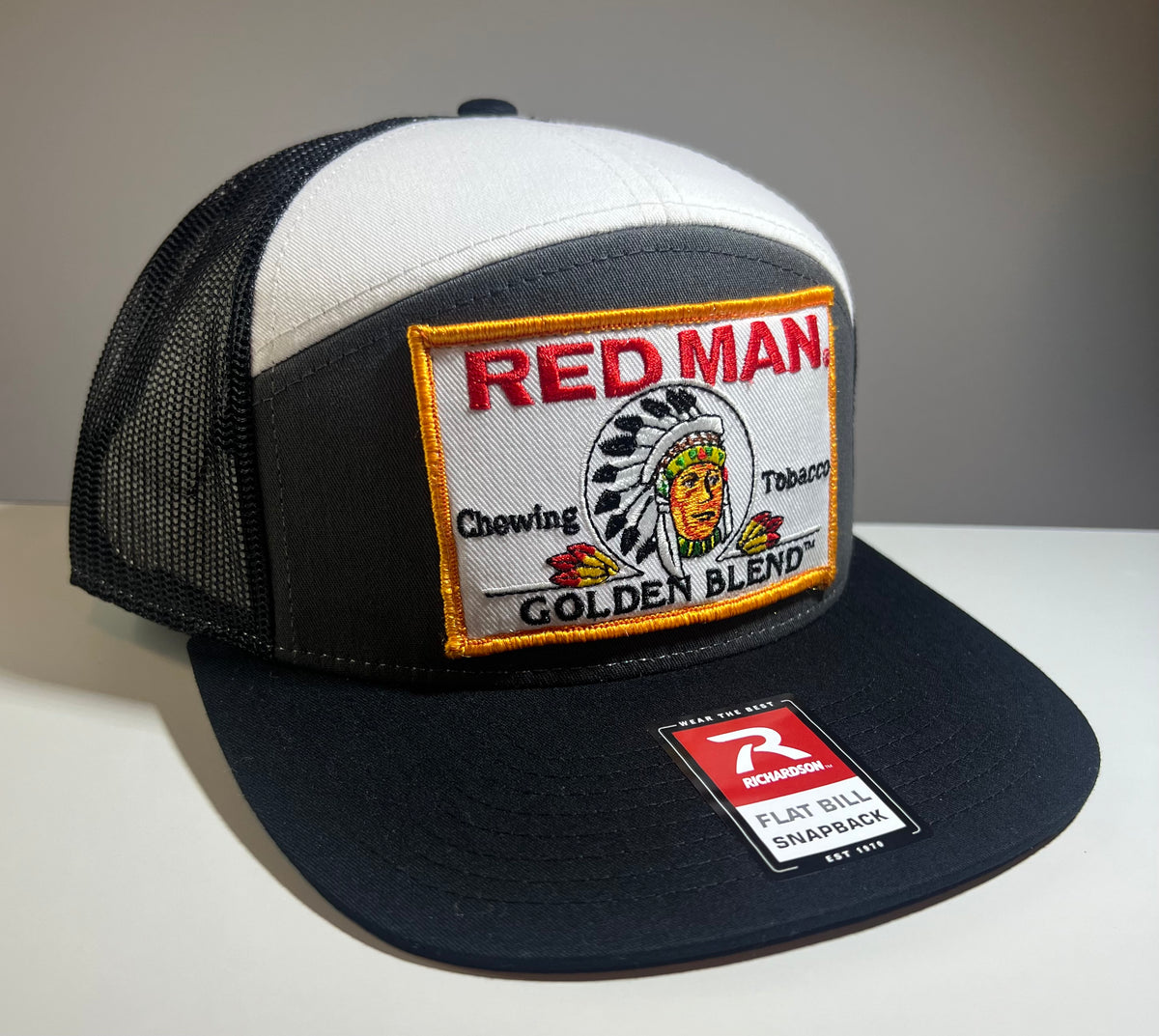 Richardson 7 Panel Cap Flat Bill Red Man Golden Blend Chewing Tobacco Trucker